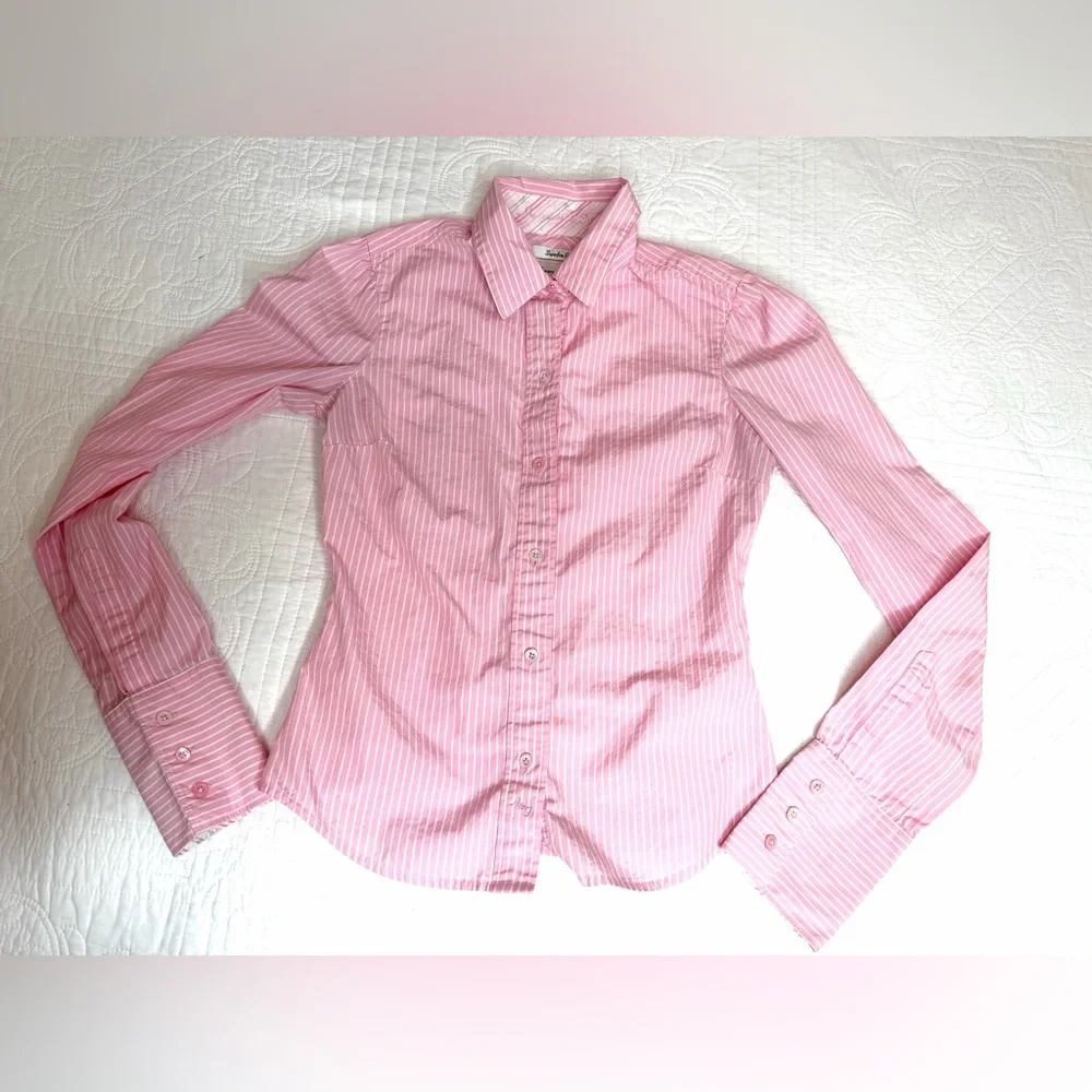 Abercrombie and Fitch AF Superfine Poplin Y2K Button Up Pink White Long Sleeve - Picture 1 of 9